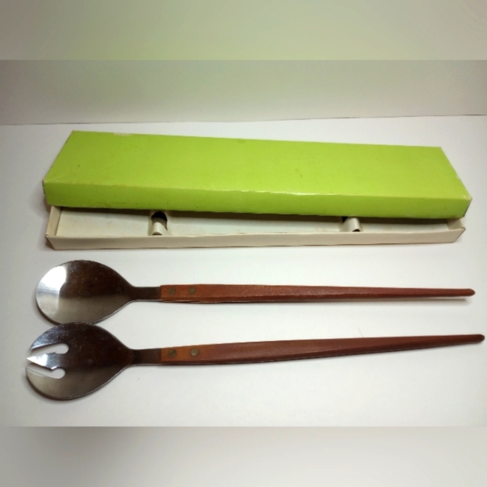 Mid Century Arnart Salad Serving Spoon Fork LONG Wood Handle Vintage MCM Japan